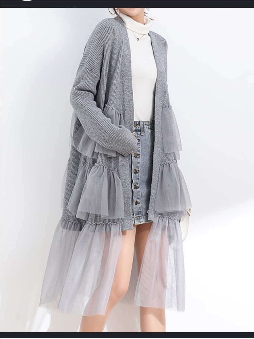 Gray Tulle-Trim Open-Front Cardigan